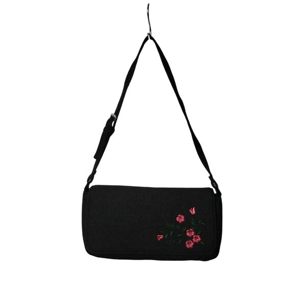 Dark Charcoal Gray Embroirdered Floral WoolBaguette Purse - Picture 2 of 5